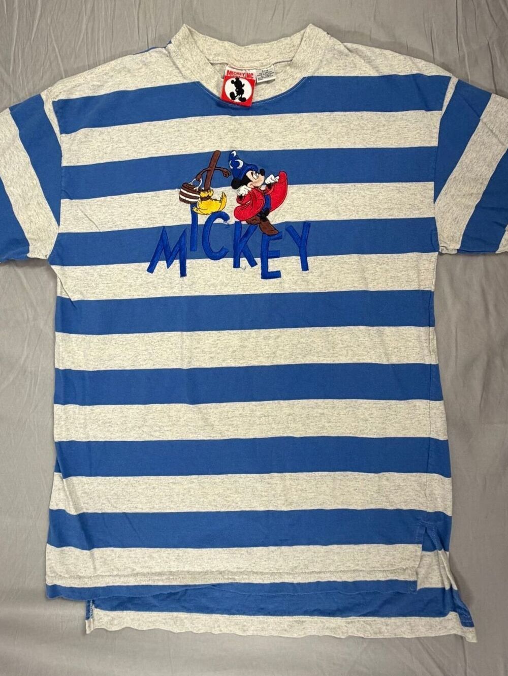 Vintage 90s Mickey Inc Sorcerer Mickey Fantasia Embroidered Striped T Shirt